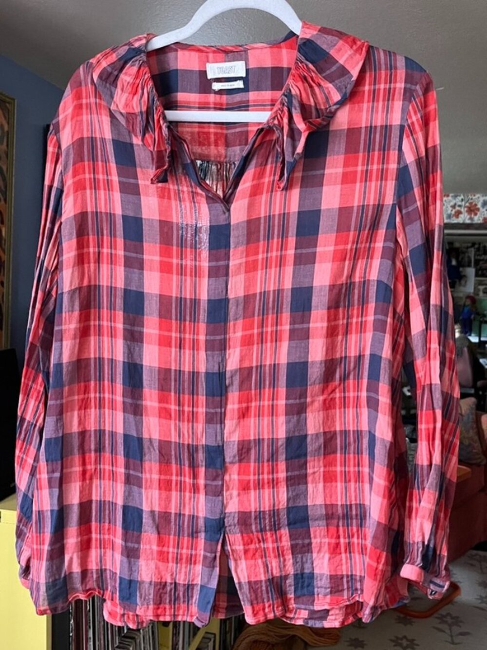 Toast Cotton Ruffle Plaid Blouse UK 18 US 14 GUC Altered